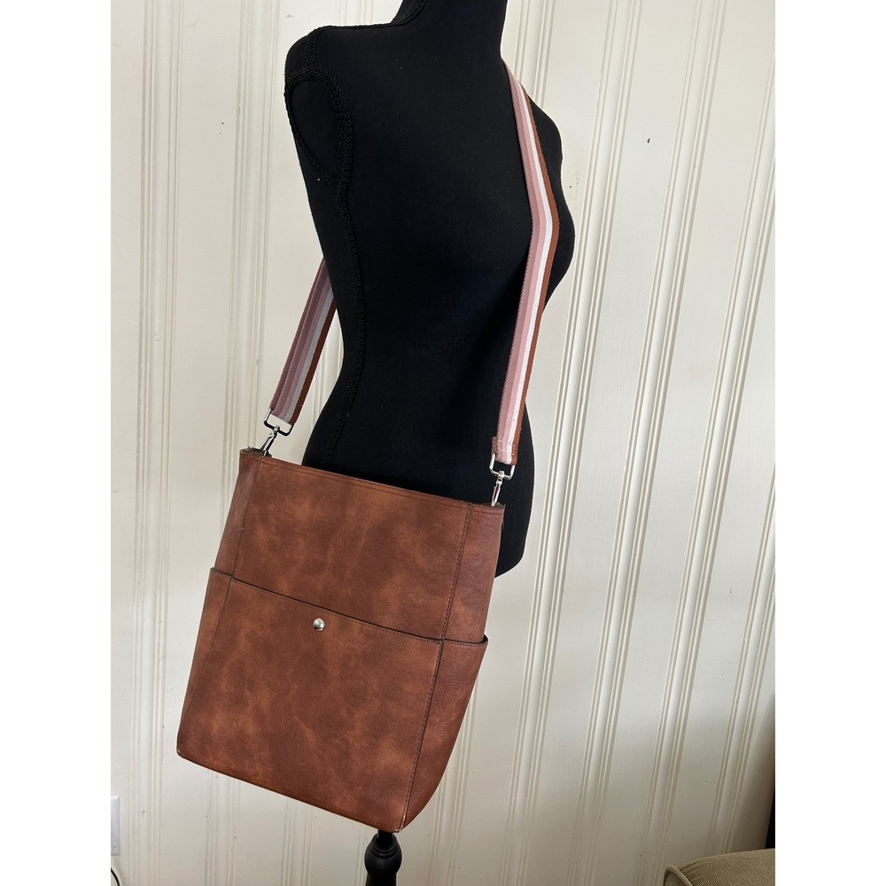 Brown Vegan Leather Large Crossbody Bucket Bag with Striped and Floral 2 Straps